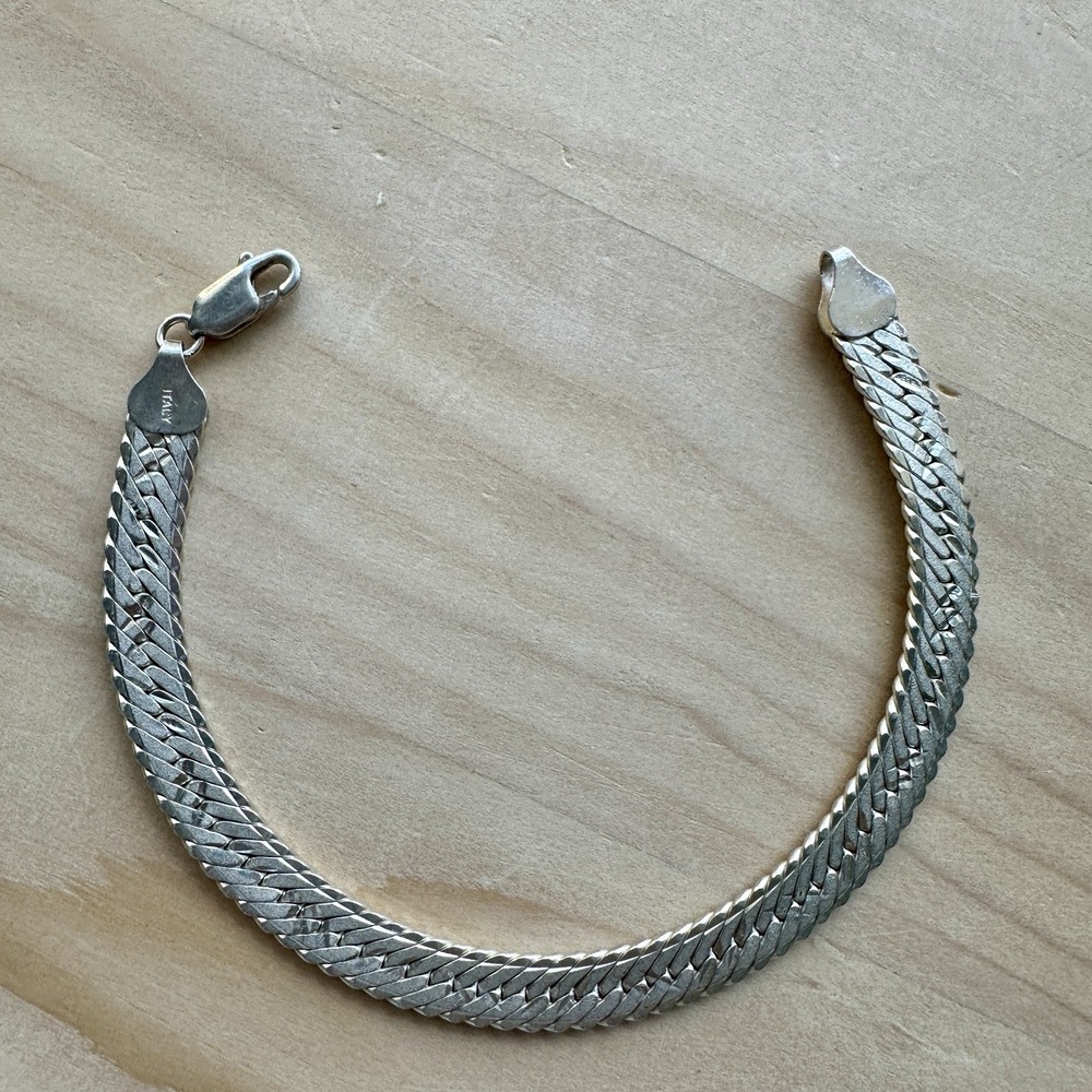 VTG IBB‎ Herringbone Chain Bracelet 7" Diamond Cut Accent Italy Sterling 12.3g